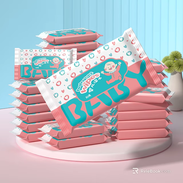 Soft Baby Wipes with Pink Packaging Heart Circle Patterns Stacked 3d model