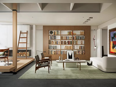 Modern Living Room Interior Design With Wooden Bookshelf Sofa Armchair And Area Rug 3d model
