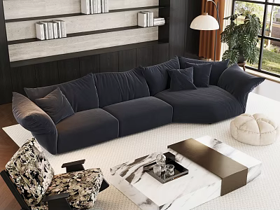Modern Living Room Interior With Dark Blue L shaped Sofa Marble Coffee Table And Bookshelves 3d model
