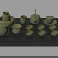 Minimalist Light Green Ceramic Tea Set with Teapot Teacups and Caddy on Dark Wood Tray