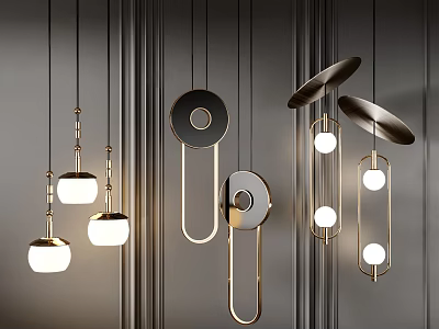 Stylish Modern Pendant Lights Geometric Design Gold Black Metal Circular Shades 3d model