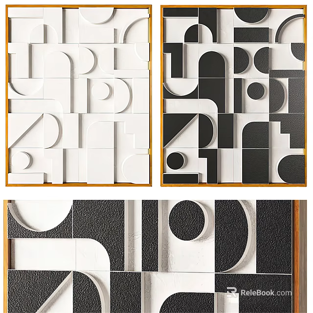 Geometric Abstract Wall Art With White Black Textured Patterns And Frames 3d model 