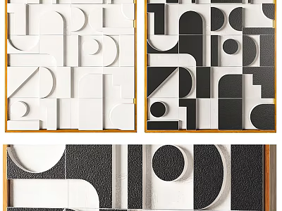 Geometric Abstract Wall Art With White Black Textured Patterns And Frames 3d model