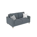 Blue Two Seater Sofa With Checkered And Star Patterned Pillows And Wooden Legs