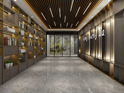 Modern Elevator Hallway With Wooden Accents Marble Floor Recessed Lighting Display Shelves And Glass Doors 3d model