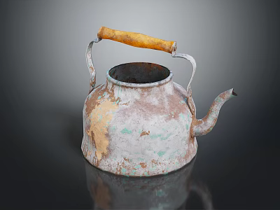 Vintage Rustic Teapot With Wooden Handle And Rusted Weathered Metal Surface 3d model