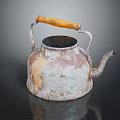 Vintage Rustic Teapot With Wooden Handle And Rusted Weathered Metal Surface
