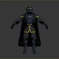 Futuristic Armored Character Standing In Dark Blue Armor With Yellow Accents And Cloak