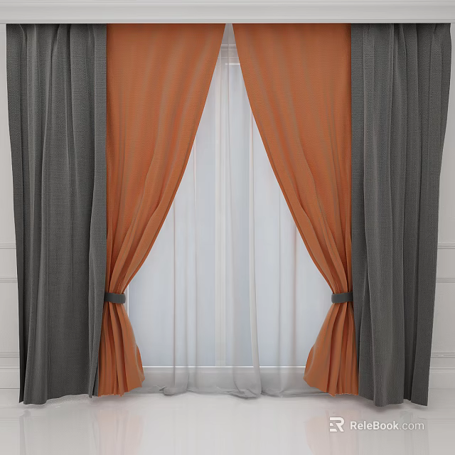 Modern Gray and Orange Curtains with White Sheer Layer and Tiebacks for Window 3d model