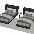 Single Bed with Leather Headboard Gray Beige Bedding Pillows and Nightstand on Light Wooden Floor