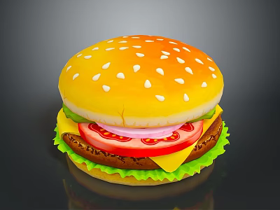Delicious Hamburger With Sesame Seed Bun Lettuce Tomato Onion Cheese And Patty 3d model