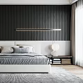 Modern Bedroom Interior Design With Striped Accent Wall Upholstered Bed Wooden Flooring And Area Rug