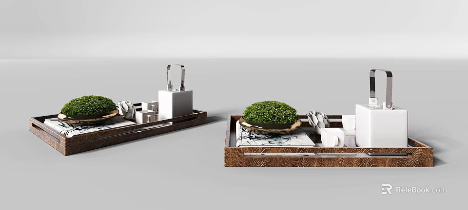 Modern Decorative Ornament Set With Wooden Tray Small Plants And Decorative Items 3d model 