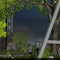 Serene Garden Landscape With Tall Trees Green Lawn White Wooden Swing And Apartment Building