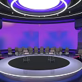 Modern Conference Hall With Large Screen Color Palette Purple Pink Lighting Round Stage And Chairs