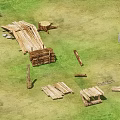 Wooden Building Components on Grassland with Planks Beams Fences and Stakes