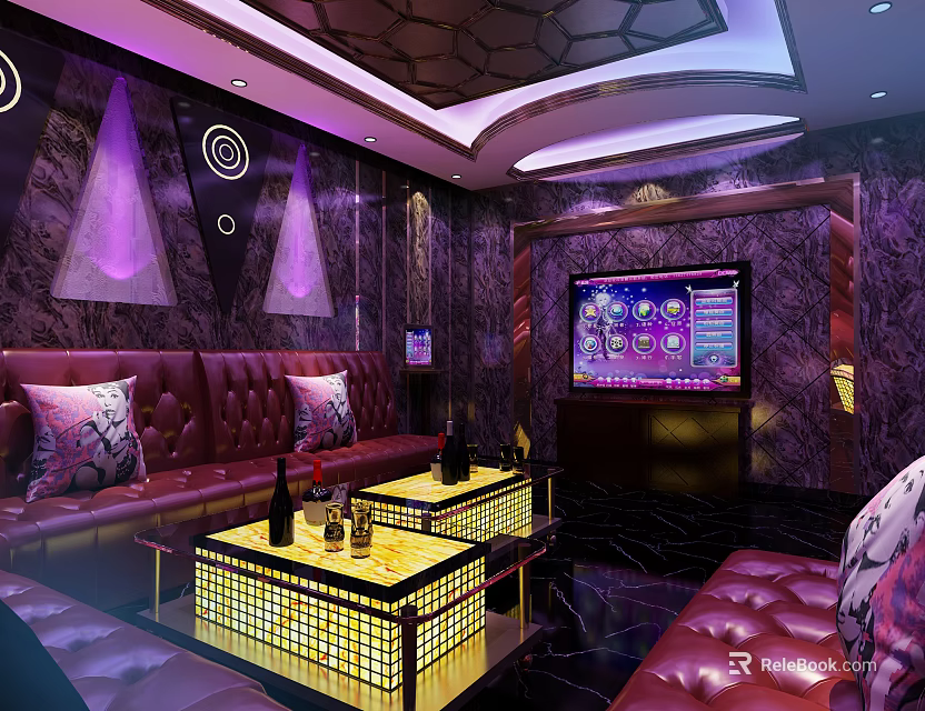 Modern KTV Room With Red Leather Sofas Illuminated Coffee Tables And Purple Lighting 3d model 