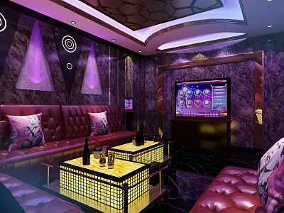 Modern KTV Room With Red Leather Sofas Illuminated Coffee Tables And Purple Lighting 3d model