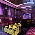 Modern KTV Room With Red Leather Sofas Illuminated Coffee Tables And Purple Lighting