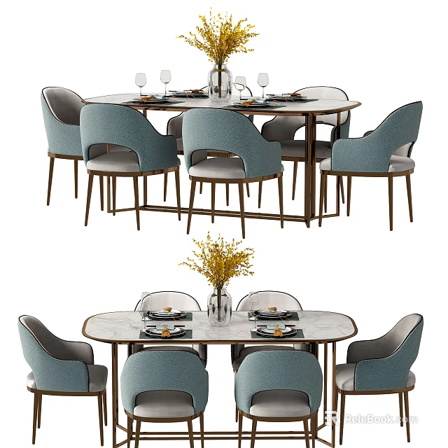 Modern Oval Dining Table Set With Blue Upholstered Chairs And Marble Top 3d model