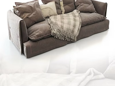 Cozy Brown Two Seater Sofa With Plaid Blanket And Soft Cushions 3d model