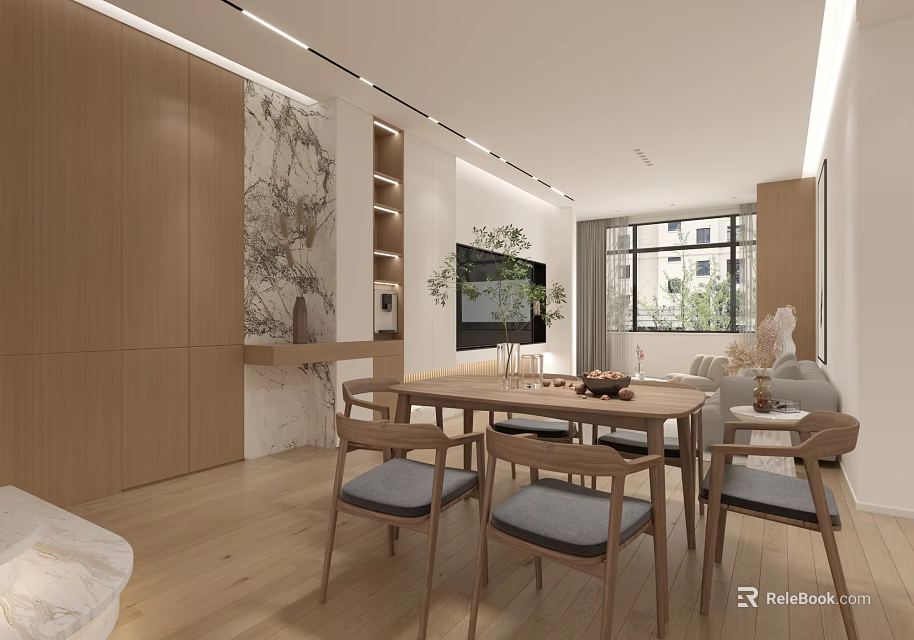 Modern Minimalist Dining Living Room With Wooden Cabinets Dining Table And Natural Light 3d model 