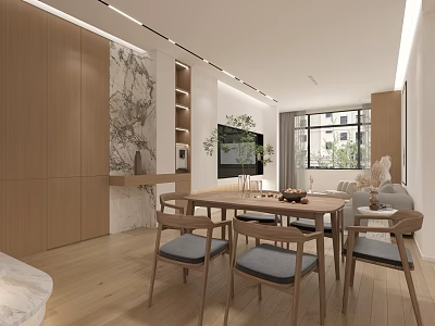 Modern Minimalist Dining Living Room With Wooden Cabinets Dining Table And Natural Light 3d model