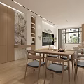 Modern Minimalist Dining Living Room With Wooden Cabinets Dining Table And Natural Light
