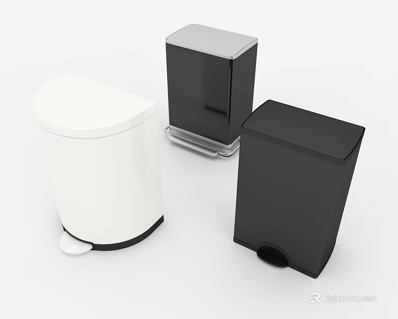 Public Facilities Trash Bins Featuring Pedal Operated Round And Square Designs In White Black Colors 3d model 