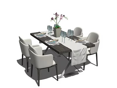 Modern Dining Table Set With White Tablecloth Purple Flowers And Six Light Chairs 3d model