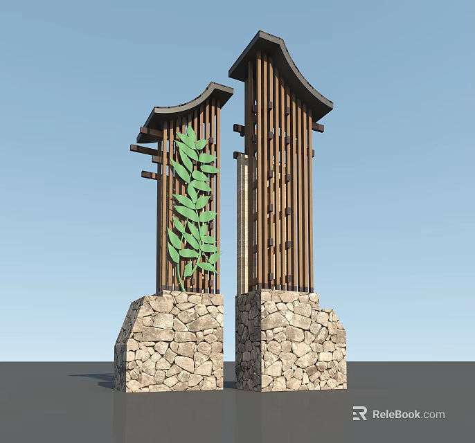 Outdoor Landscape Sculpture With Symmetric Wooden Structures And Stone Bases Featuring Green Leaf Decorations 3d model 