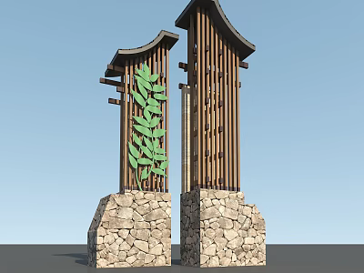 Outdoor Landscape Sculpture With Symmetric Wooden Structures And Stone Bases Featuring Green Leaf Decorations 3d model