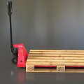 Wooden Pallet Truck With Red Base Black Handle And Wheels For Material Handling
