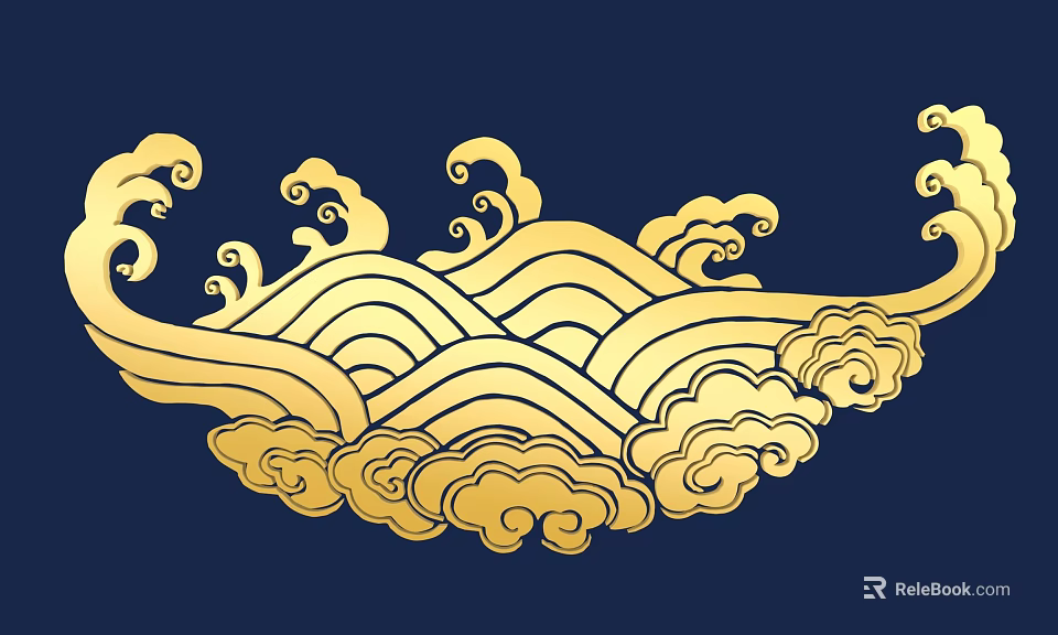 Golden Carving with Waves and Clouds on Dark Blue Background 3d model