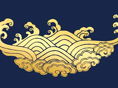 Golden Carving with Waves and Clouds on Dark Blue Background 3d model