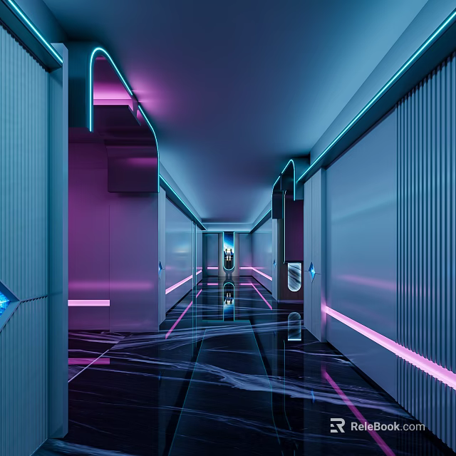 KTV Corridor With Futuristic Neon Lights And Modern Design 3d model 