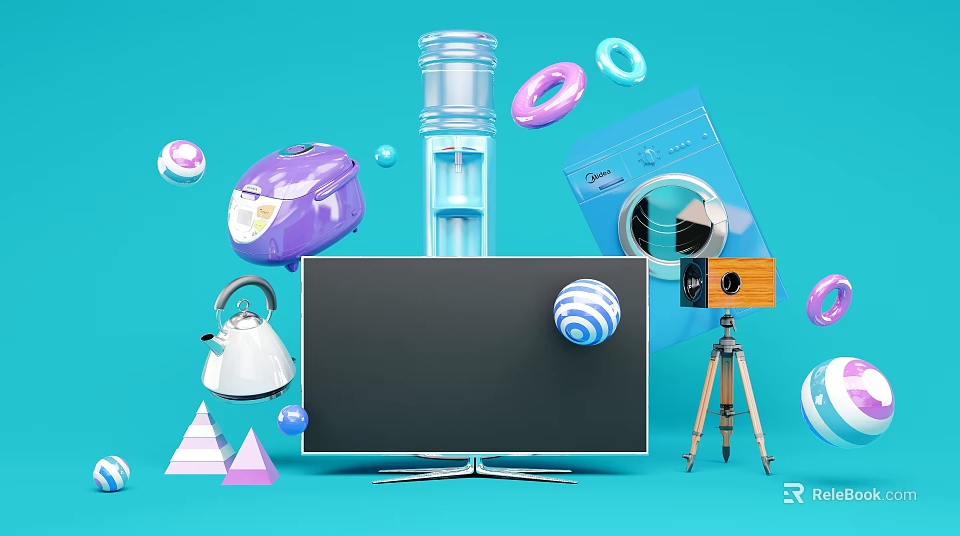 Various Home Appliances And Colorful Geometric Shapes On Light Blue Background With Black Monitor 3d model 