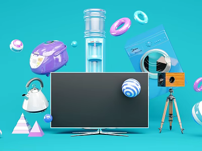 Various Home Appliances And Colorful Geometric Shapes On Light Blue Background With Black Monitor 3d model