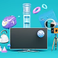 Various Home Appliances And Colorful Geometric Shapes On Light Blue Background With Black Monitor