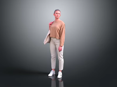 Woman Wearing Brown Top Beige Pants White Sneakers Carrying Beige Bag 3d model