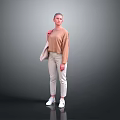 Woman Wearing Brown Top Beige Pants White Sneakers Carrying Beige Bag