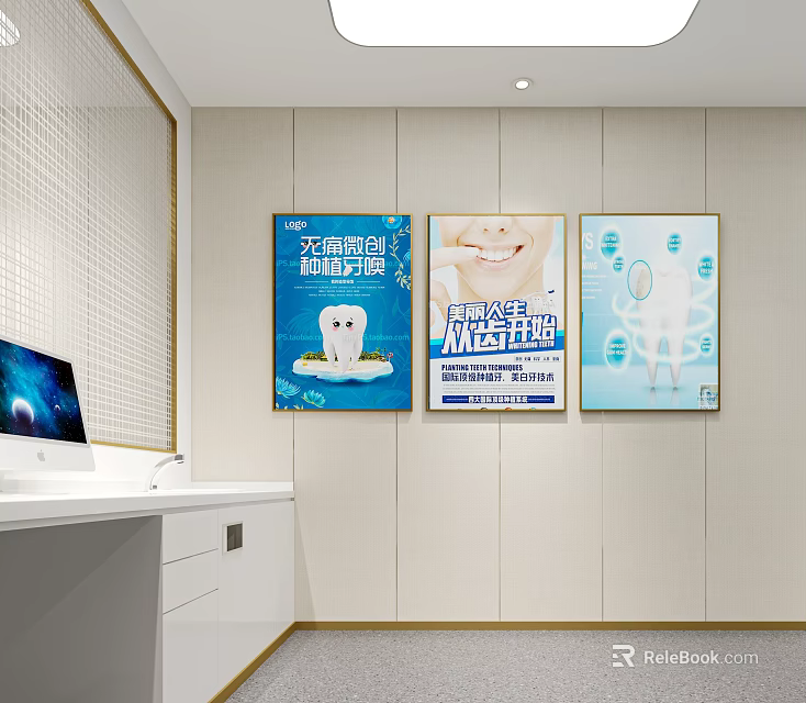 Dental Clinic Waiting Area With Three Dental Health Posters On Wall White Sink And Computer 3d model 
