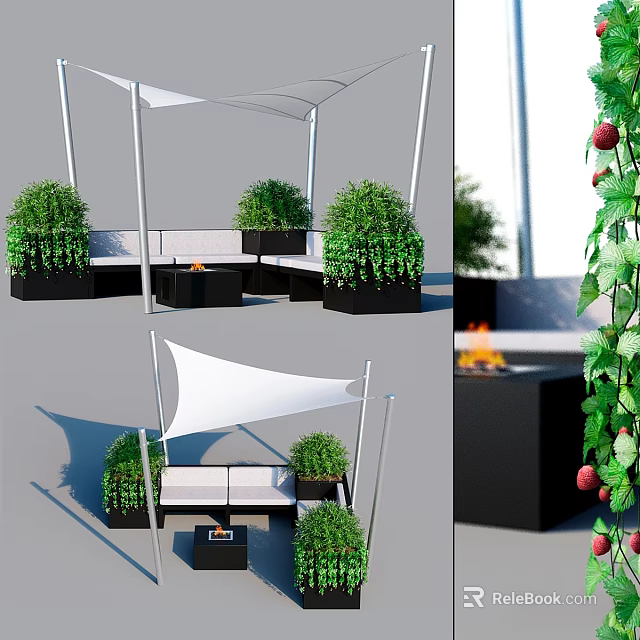 Garden Decor With White Canopy Green Shrubs Outdoor Sofa Small Table And Climbing Vines 3d model 