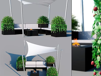 Garden Decor With White Canopy Green Shrubs Outdoor Sofa Small Table And Climbing Vines 3d model