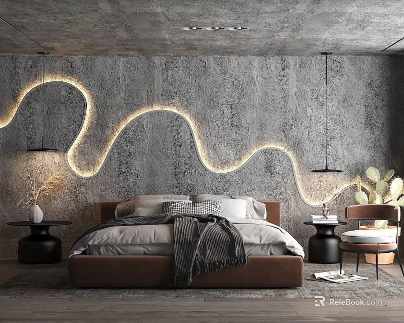 Modern Bedroom Interior Design With Wavy Light Strip Gray Wall Brown Bed And Green Plant 3d model 