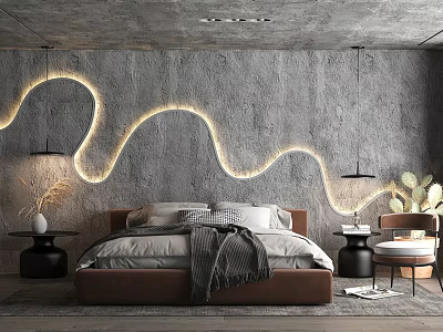 Modern Bedroom Interior Design With Wavy Light Strip Gray Wall Brown Bed And Green Plant 3d model