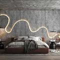 Modern Bedroom Interior Design With Wavy Light Strip Gray Wall Brown Bed And Green Plant