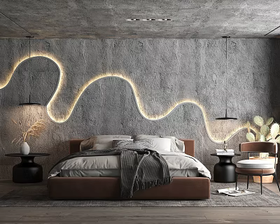 Modern Bedroom Interior Design With Wavy Light Strip Gray Wall Brown Bed And Green Plant 3d model
