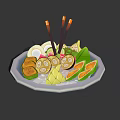Assorted Food Platter Featuring Sliced Mango Sushi Rolls Boiled Eggs Green Veggies Chopsticks On Ice