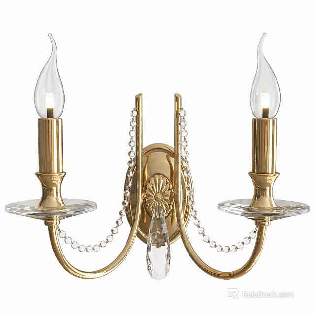 Elegant Brass Wall Sconce with Double Crystal Arms and Glass Base Decorative Beads 3d model 